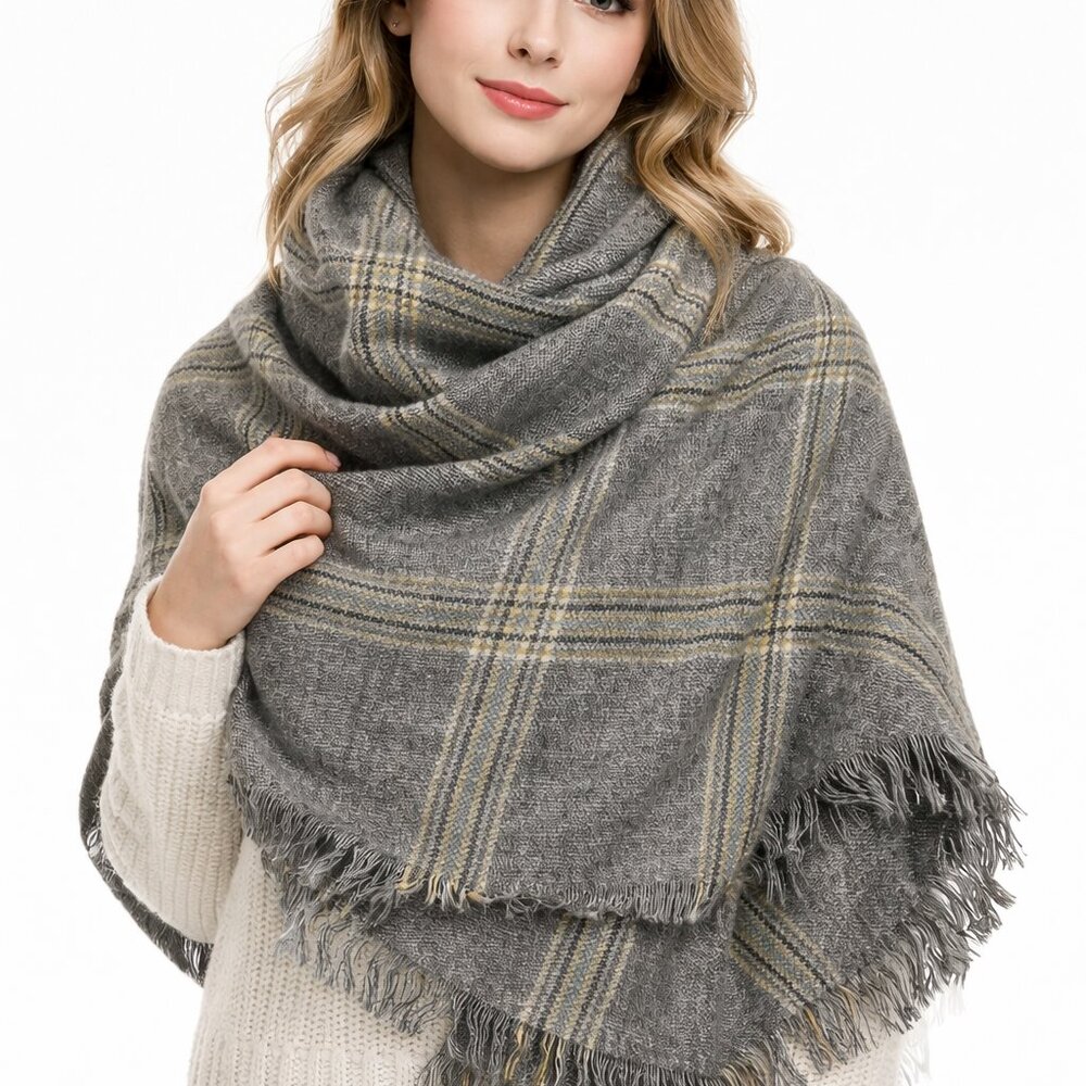 Cozy Gray Plaid Blanket Scarf Yellow Stripe Fringe Wrap Shawl